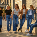 Trójka młodych w różnych fasonach jeansu na miejskim chodniku o złotej godzinie