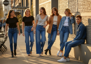 Trójka młodych w różnych fasonach jeansu na miejskim chodniku o złotej godzinie