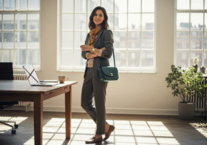 Kobieta w stroju do pracy stoi w nowoczesnym biurze przy biurku z laptopem