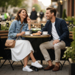 Para na tarasie kawiarni podczas randki, siedzą przy stoliku z kawą i ciastkiem, pochylają się ku sobie.