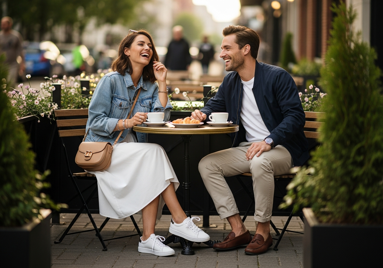 Para na tarasie kawiarni podczas randki, siedzą przy stoliku z kawą i ciastkiem, pochylają się ku sobie.