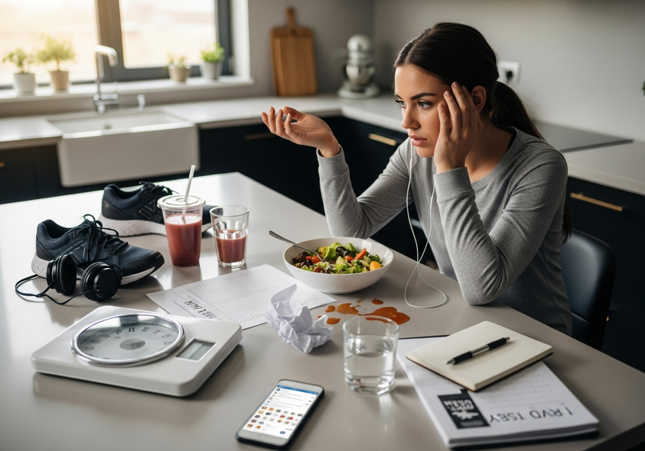 Kobieta zniechęcona przy kuchennym blacie po nieudanym treningu, wokół sałatka, waga, porzucone buty i telefon