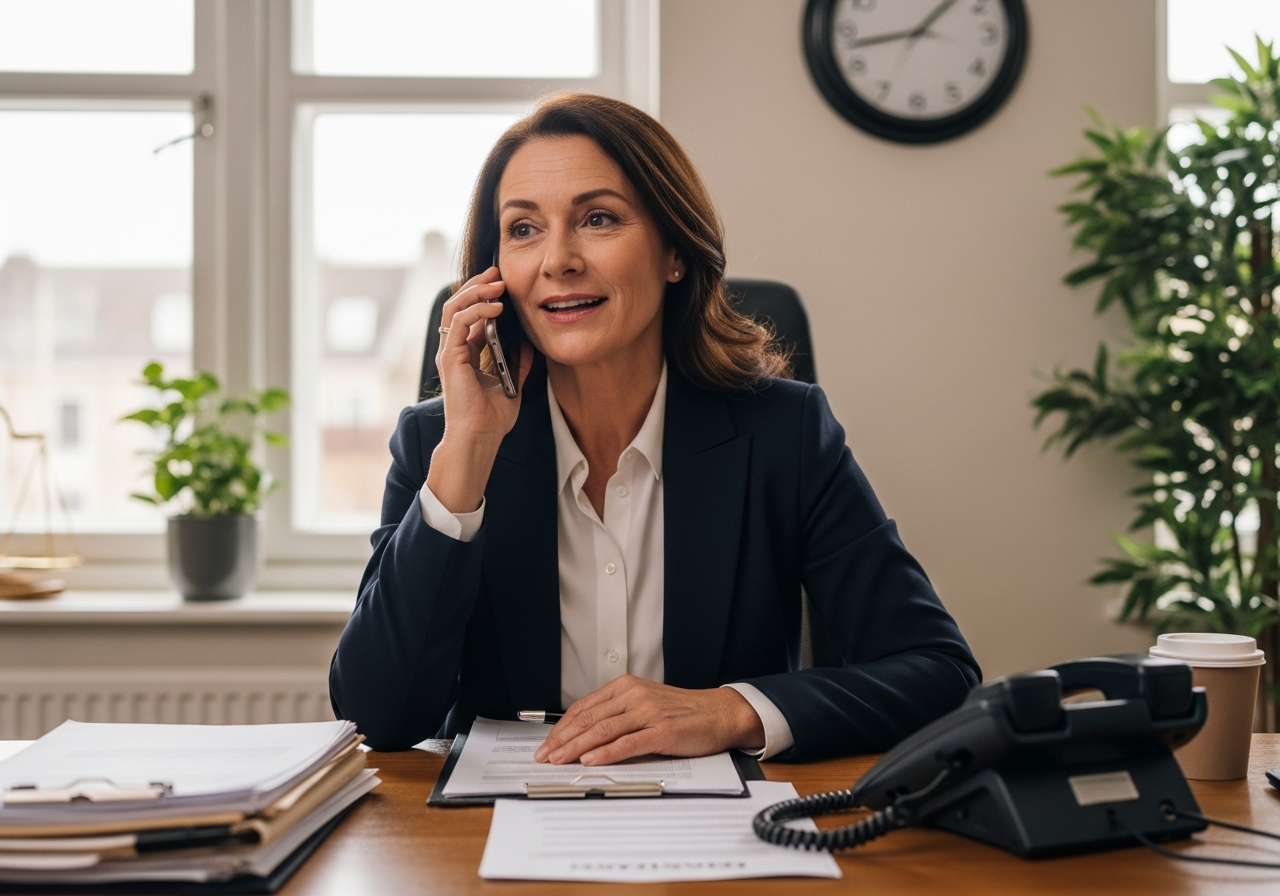 Prawniczka rozmawia przez telefon przy biurku w kancelarii