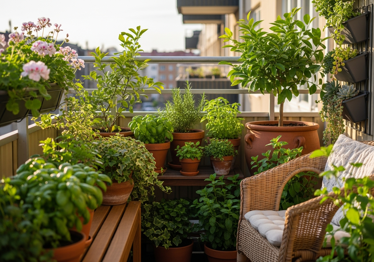 Balkon z doniczkowymi roślinami: pelargonie, bluszcz, zioła i drzewko cytrusowe