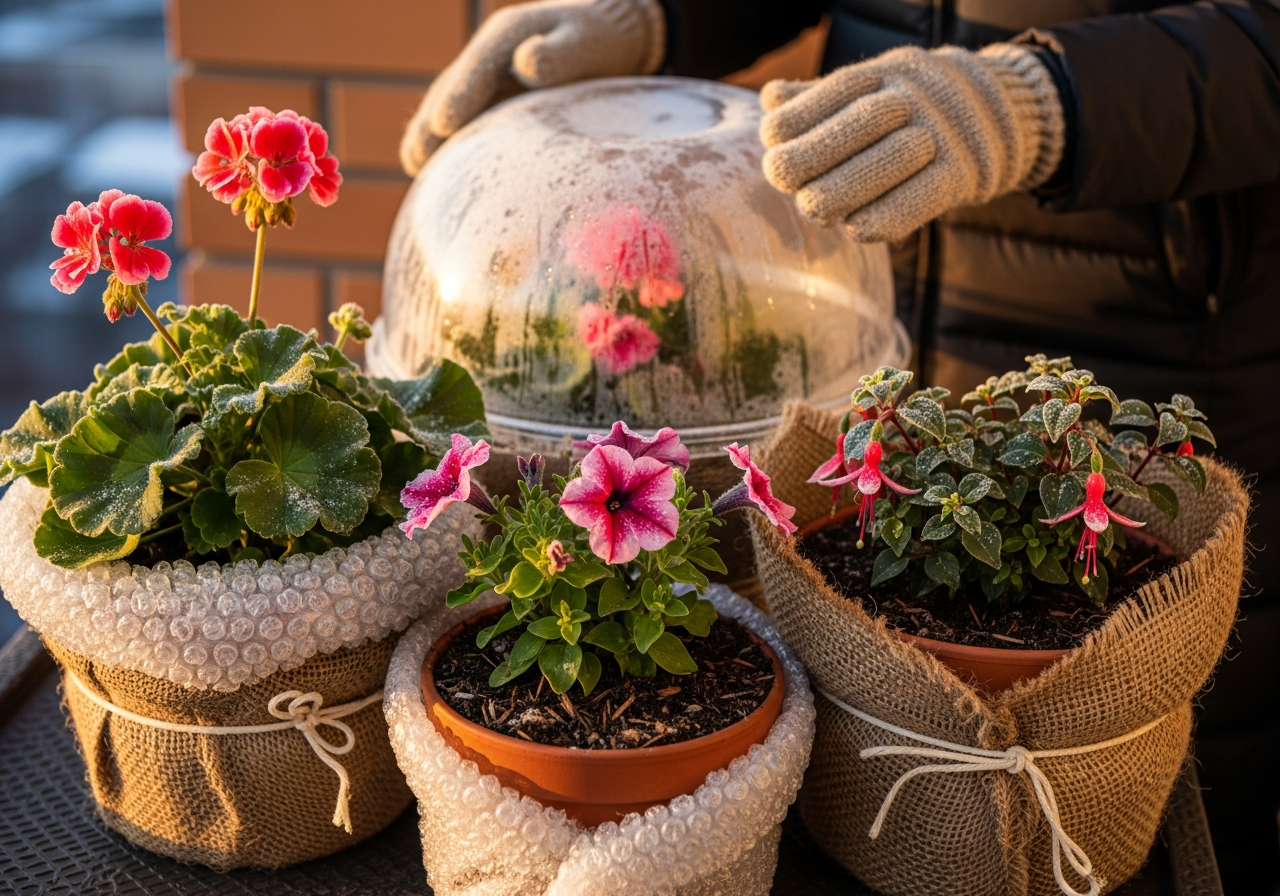 Ogrodnik zabezpiecza donice z pelargoniami, petuniami i fuksjami pod kloszem na zimowym balkonie
