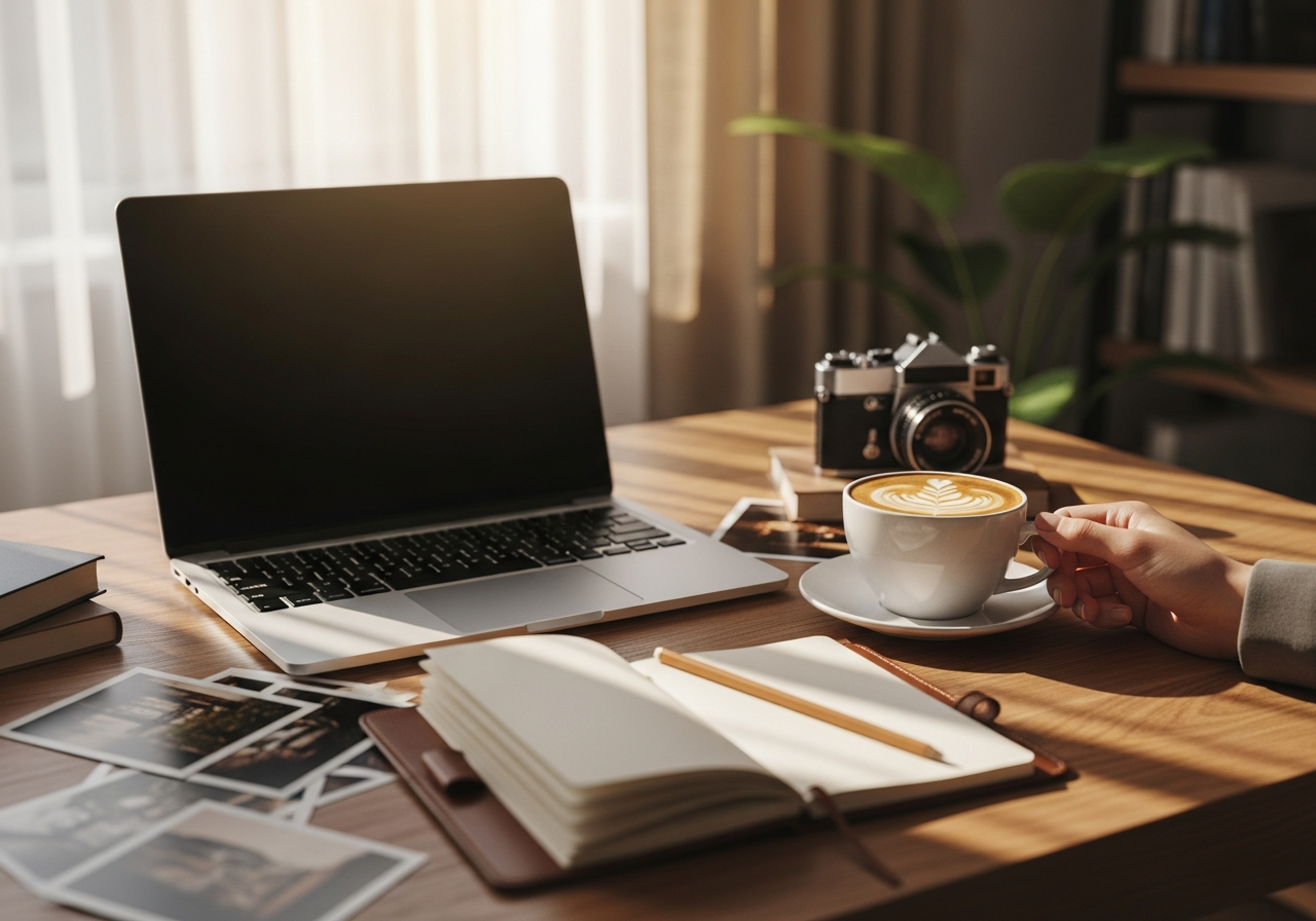 Ręka sięga po latte przy notesie i laptopie na biurku.