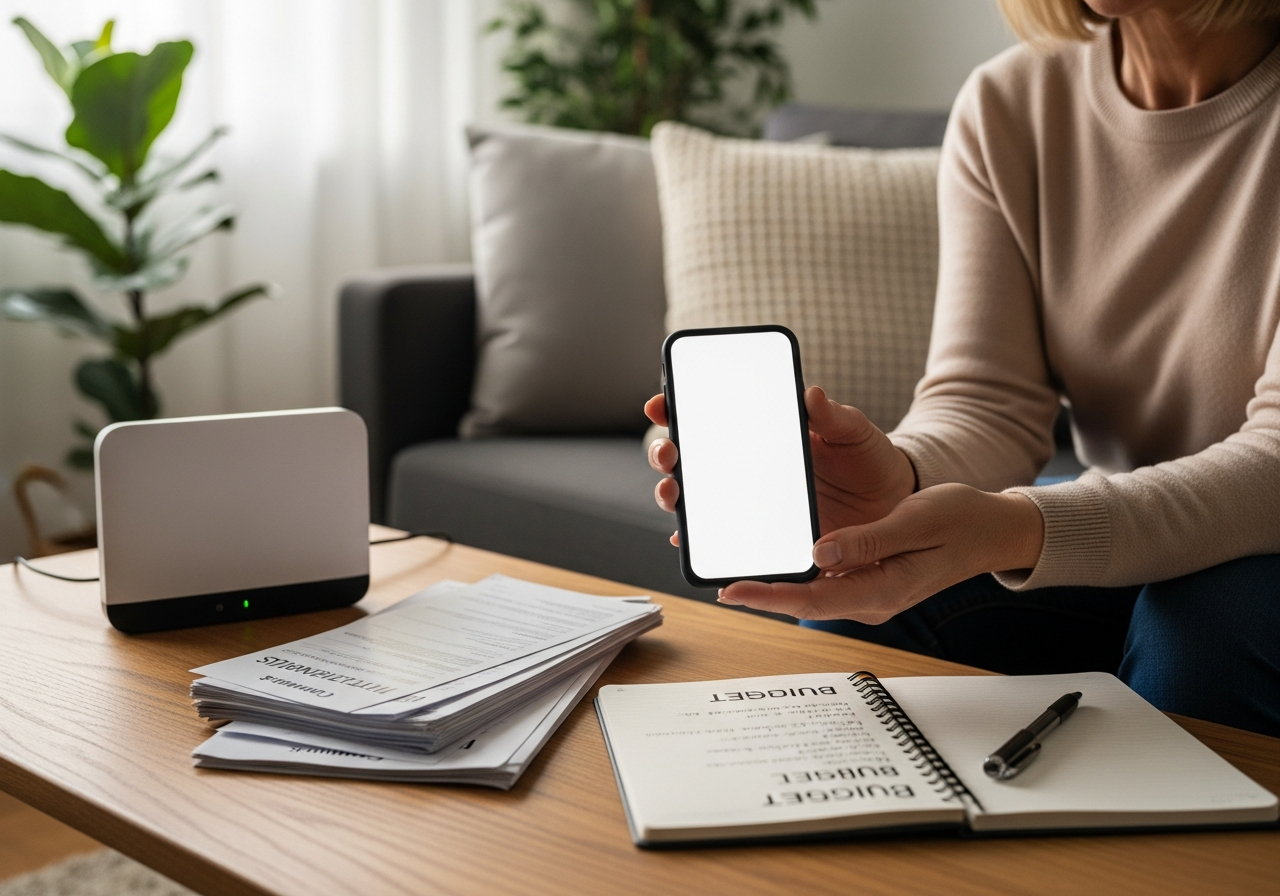 Kobieta na sofie trzyma telefon; na stoliku leżą router, rachunki i notes budżetowy