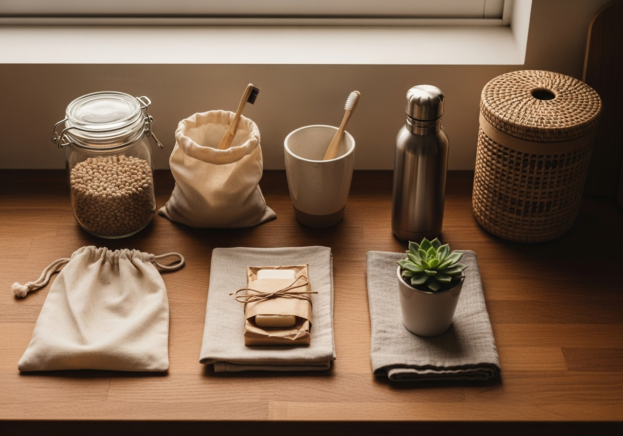 Przedmioty zero waste na blacie kuchennym: słoik z fasolą, lniana torba, bambusowa szczoteczka, mydło, butelka, kompostownik