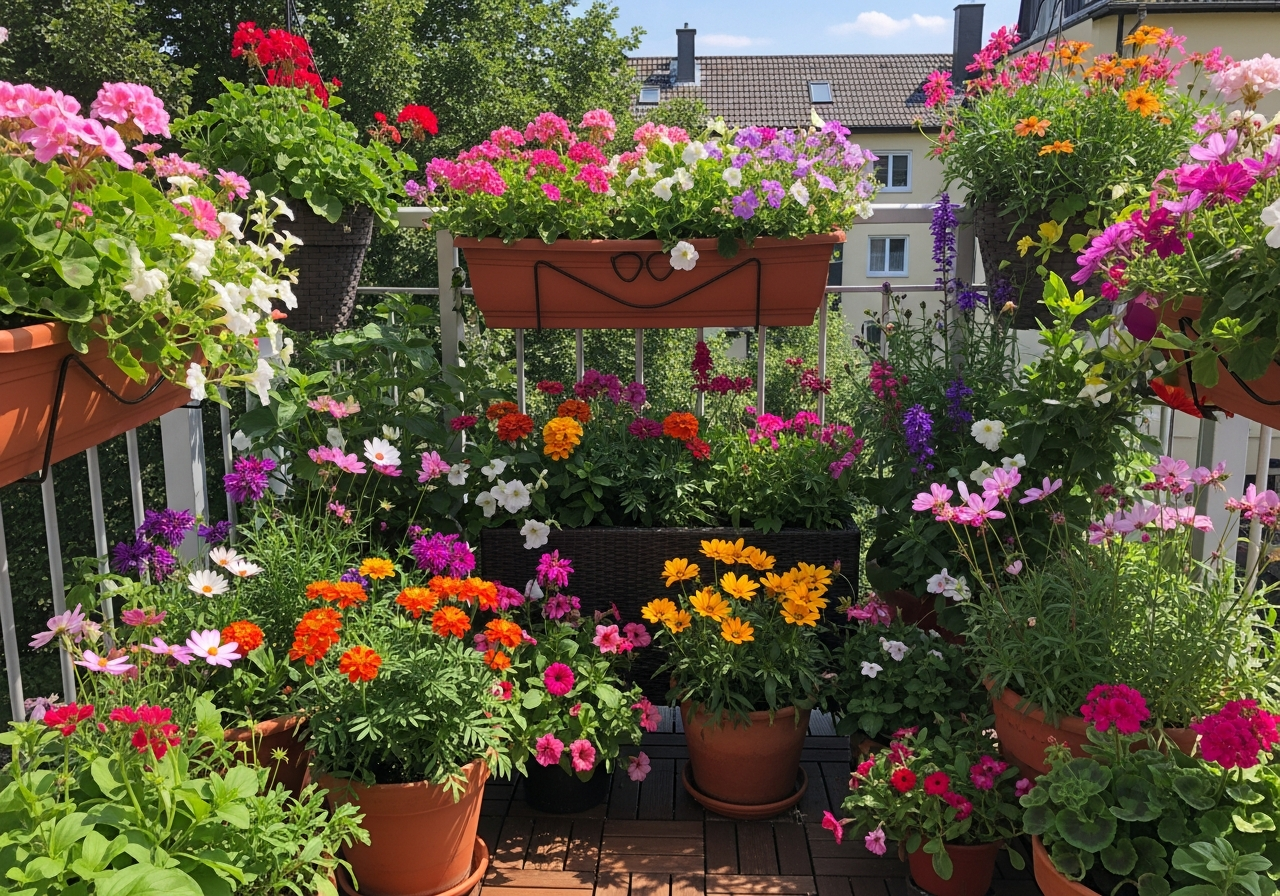 Południowy balkon z donicami pełnymi kwitnących roślin