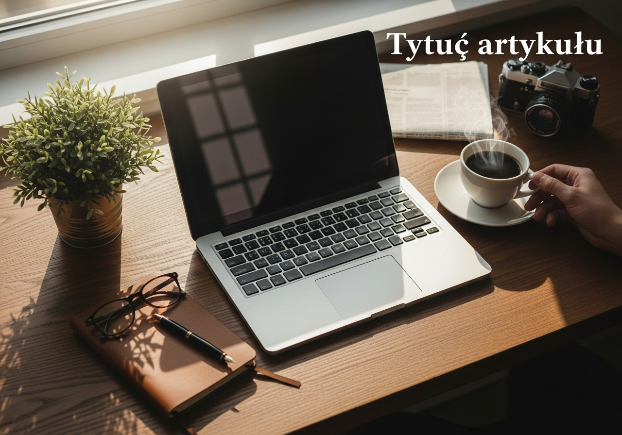 Widok z góry na biurko z laptopem, parującą kawą i ręką sięgającą po filiżankę