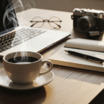 Miejsce pracy pisarza: laptop, filiżanka kawy, notes z piórem, okulary i aparat na drewnianym biurku