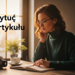 Kobieta przy stole z notesem, aparatem i kawą przy oknie