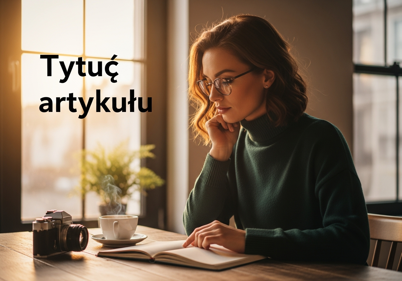 Kobieta przy stole z notesem, aparatem i kawą przy oknie