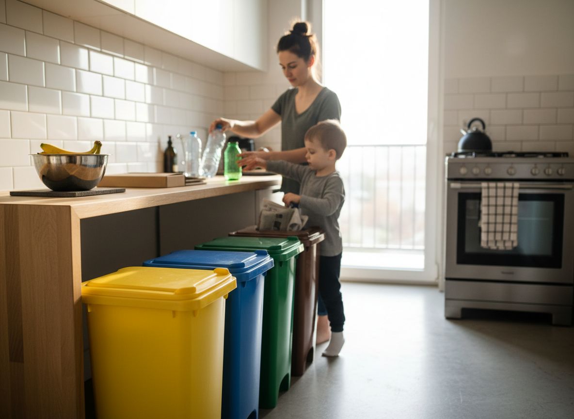 Kobieta i dziecko segregują odpady w kuchni przy pojemnikach na plastik, papier, szkło i bio.
