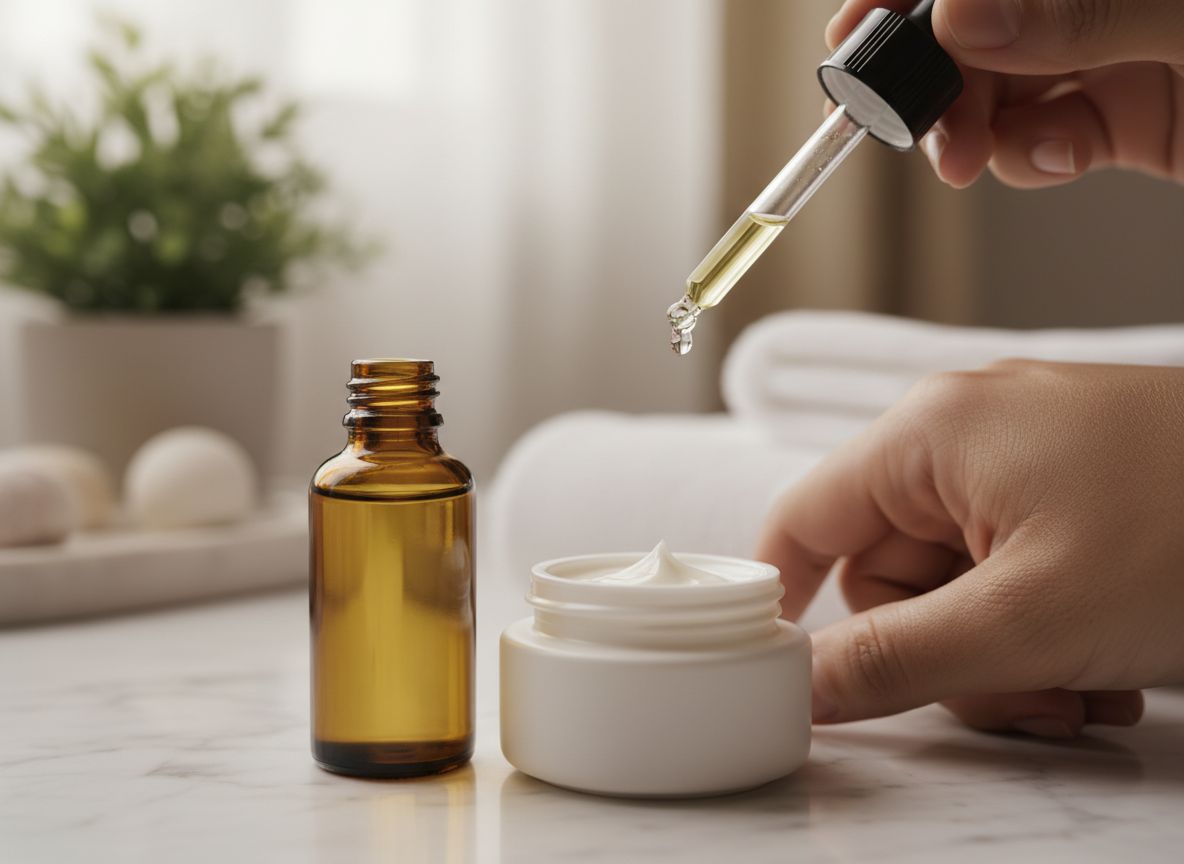 Pipeta z kroplą serum nad dłonią obok butelki z bakuchiolem i słoiczka z retinolem