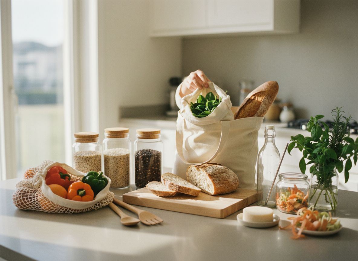 Blat kuchenny z akcesoriami zero waste i torbą na zakupy, dłonie wkładają siatkę z warzywami