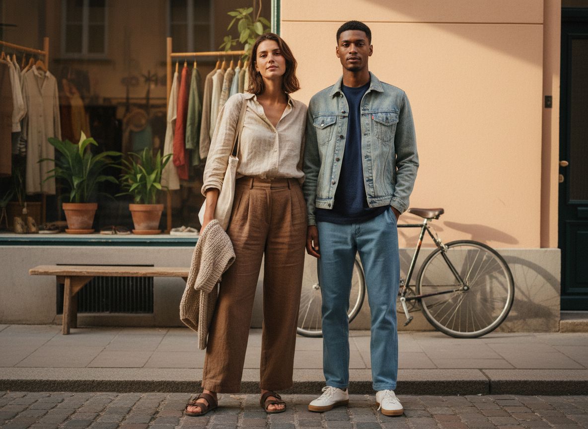 Para w ubraniach slow fashion przed secondhandem na słonecznej ulicy