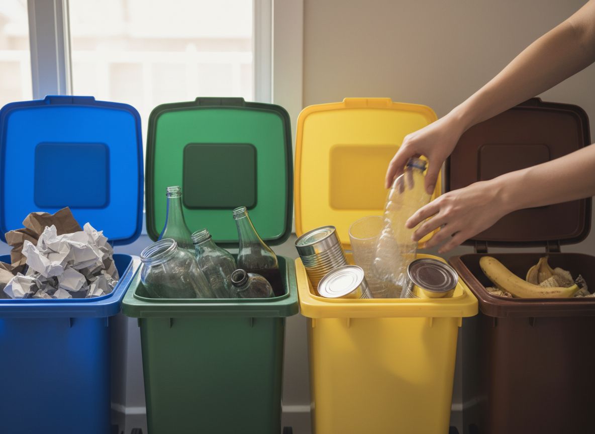 Ręce segregujące odpady domowe do czterech pojemników na recykling