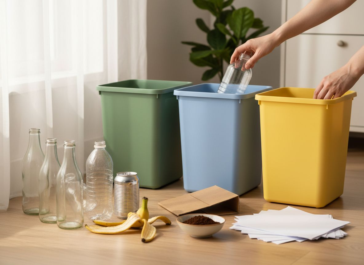 Ręce wkładają plastikową butelkę do niebieskiego pojemnika w domowej stacji segregacji