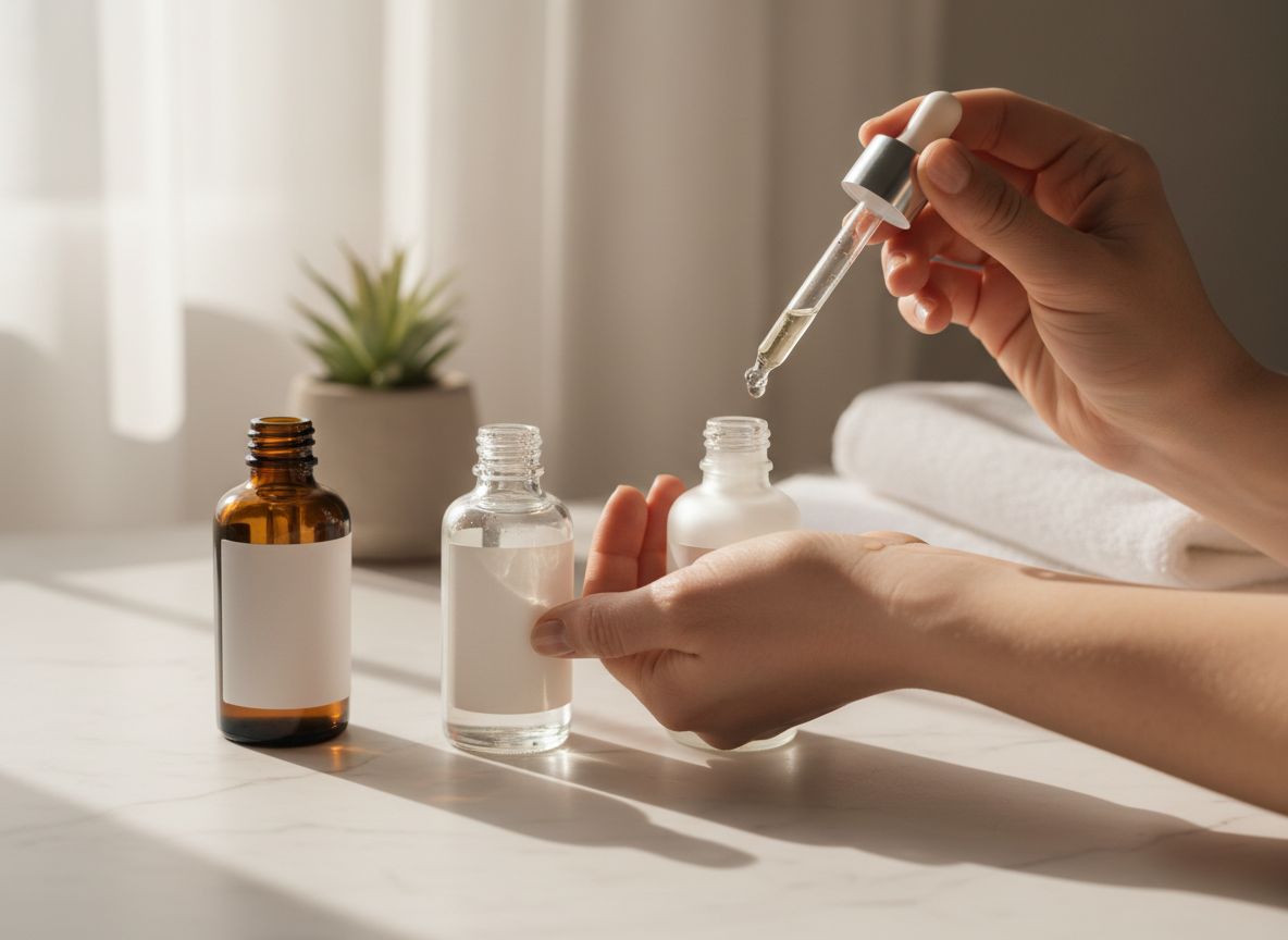 Ręka z pipetą kapie kroplę serum na wewnętrzny nadgarstek obok trzech butelek