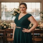 Kobieta plus size w sukni na weselnym przyjęciu stoi w półprofilu z ręką na biodrze i uśmiechem, rozmyte kwiaty i świece w tle