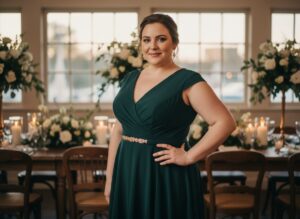 Kobieta plus size w sukni na weselnym przyjęciu stoi w półprofilu z ręką na biodrze i uśmiechem, rozmyte kwiaty i świece w tle