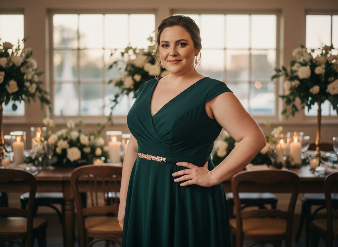 Kobieta plus size w sukni na weselnym przyjęciu stoi w półprofilu z ręką na biodrze i uśmiechem, rozmyte kwiaty i świece w tle