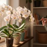 Storczyki Phalaenopsis na parapecie, ręka je spryskuje.