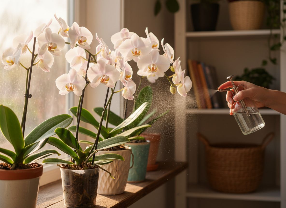 Storczyki Phalaenopsis na parapecie, ręka je spryskuje.