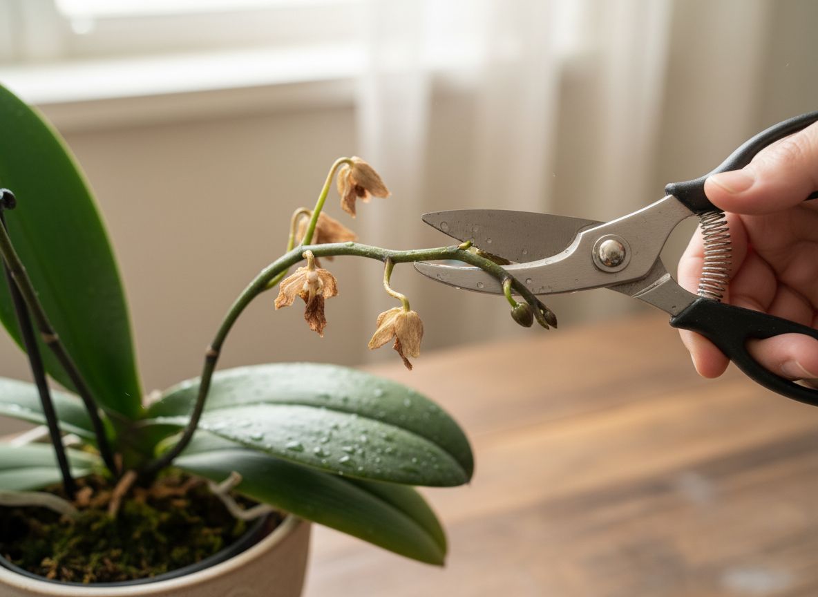 Ręka z sekatorem przy pędzie storczyka Phalaenopsis z przekwitłymi kwiatami i pąkami