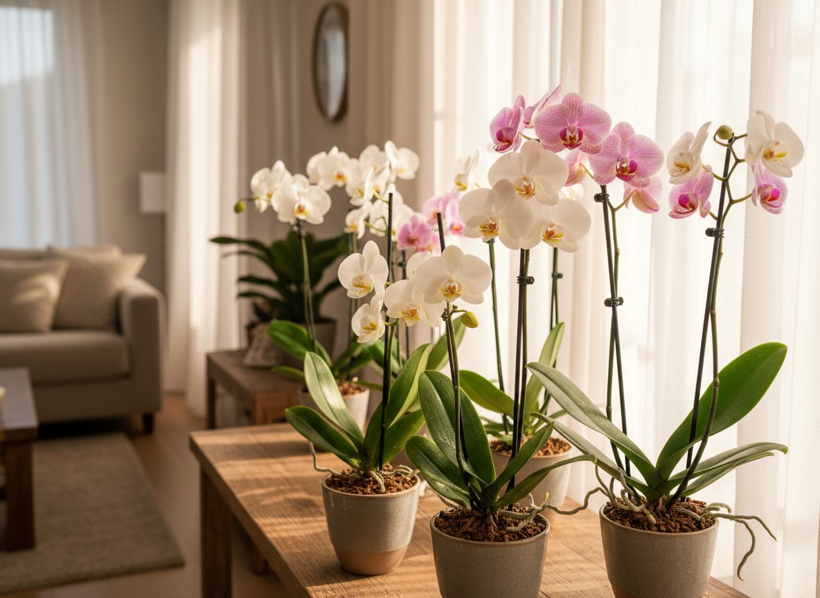 Storczyki phalaenopsis w doniczkach na parapecie i konsoli