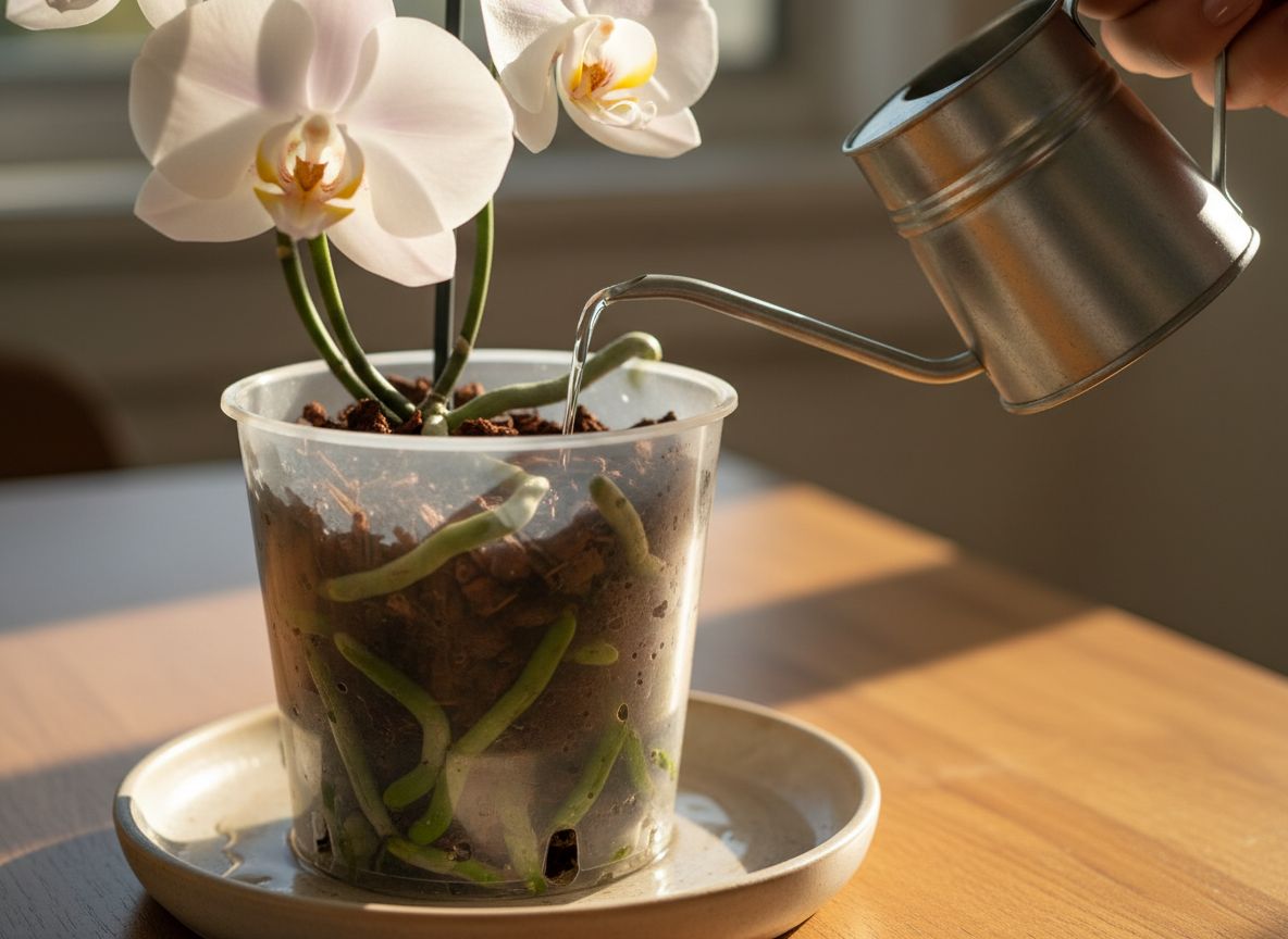 Ręka podlewa storczyk phalaenopsis w przezroczystej doniczce, woda spływa do podstawki