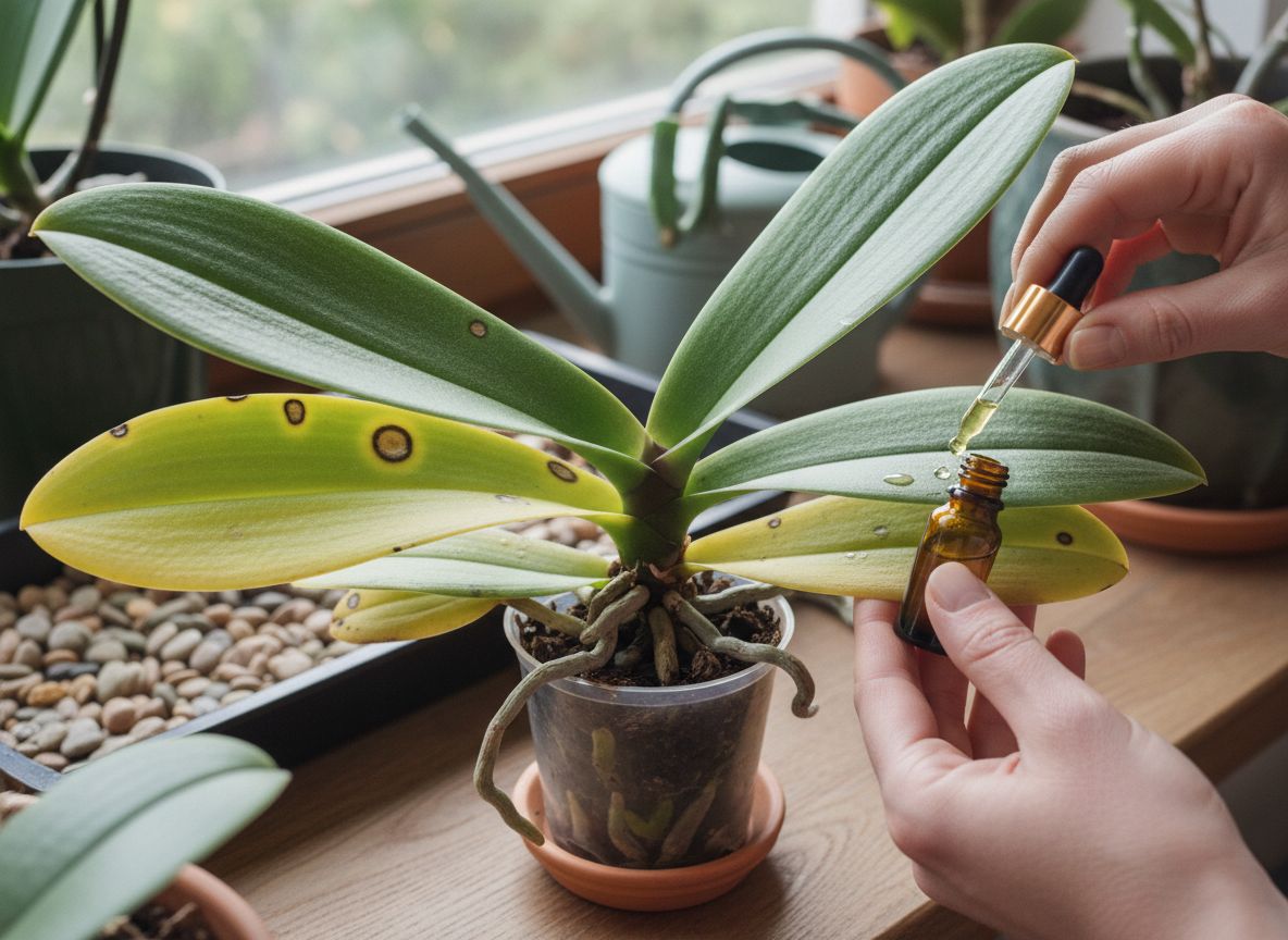 Ogrodnik usuwa chory liść storczyka Phalaenopsis i aplikuje lekarstwo pipetą przy oknie.